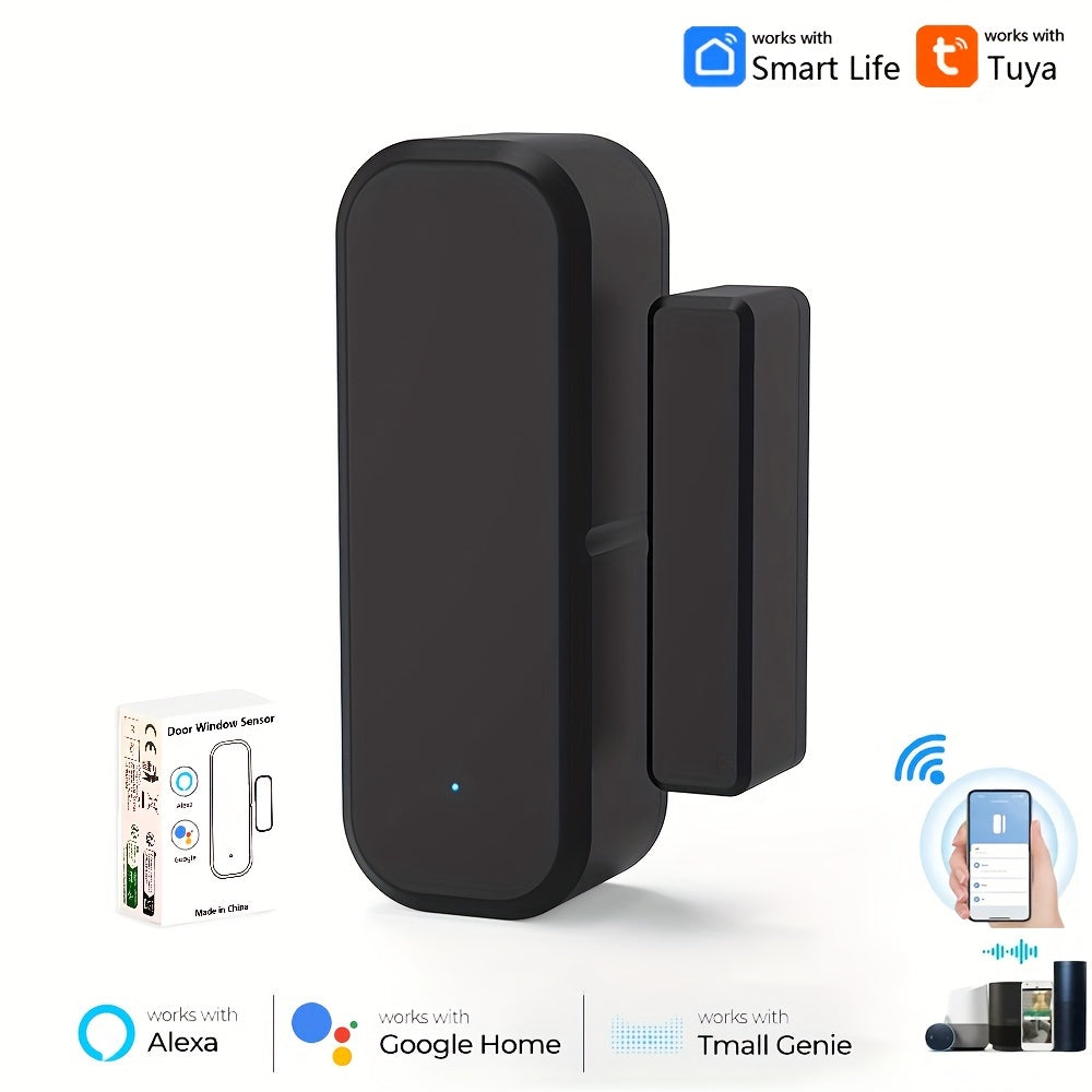 WiFi-enabled home security system with magnetic sensors for doors/windows, voice control, app remote access, customizable modes, and compatibility with Alexa and Google Assistant.