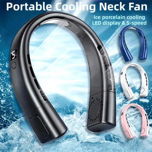 Two portable neck fans featuring quick cooling ice porcelain, bladeless design, USB-C fast charging, 5-speed LED display, quiet dual turbine motor, and long battery life. Ideal for outdoor activities, sports, home use, leisure, students, gifting