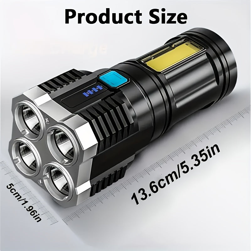 Rechargeable LED flashlight with 400mAh battery, USB powered, includes COB side light, not waterproof, includes USB cable - ideal for outdoor use.