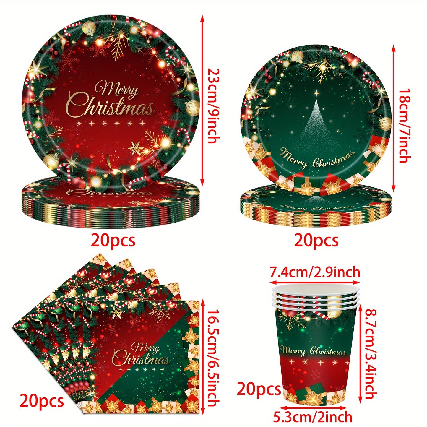 80 pieces of red and green Christmas party supplies including merry Christmas paper plates, napkins, cups, and tableware set. Christmas tree dinnerware set for holiday parties and Christmas party decorations.