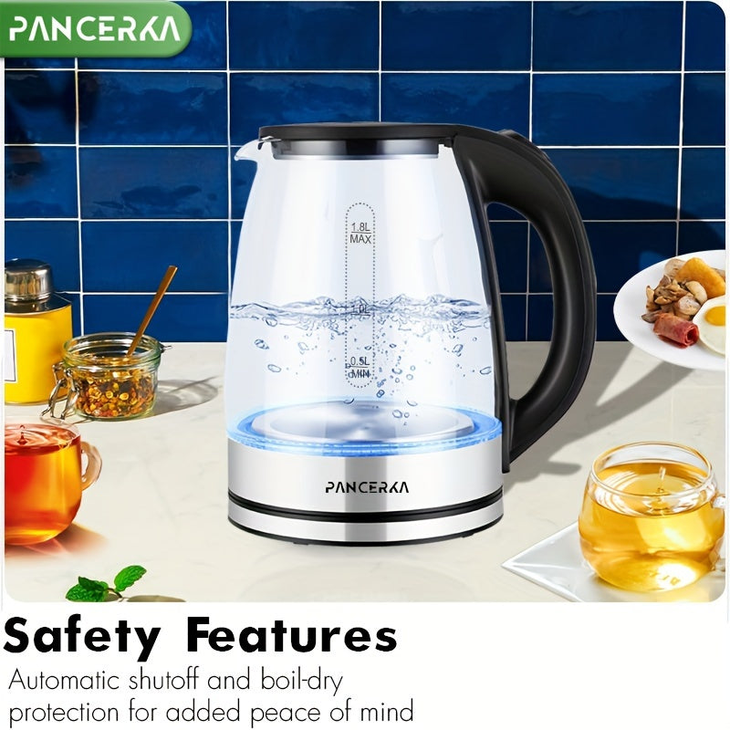 PANCERKA Electric Kettle, 1.8L, LED Illuminated, High Borosilicate Glass, Auto Shutoff, Boil-Dry Protection, 360° Base, Stainless Steel, 220V-240V, European Standard Plug, Rated Power 1500W