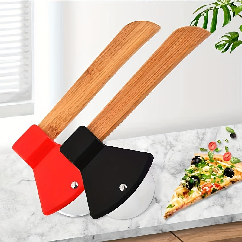 Stylish Stainless Steel Axe-Shaped Pizza Cutter - 21.08cm Single Wheel Slicer with Bamboo Handle, Versatile Kitchen & Restaurant Baking Tool, Red/Black Color