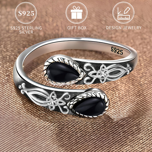 Vintage Boho S925 Sterling Silver Celtic Knot Black Agate Spoon Ring for Women - Adjustable Thumb Jewelry with Heart & Bee Design. Hypoallergenic and perfect for daily wear or as a Thanksgiving gift. Includes a gift box for easy gifting.