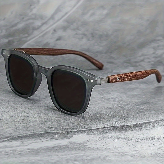 Wood grain accented square glasses with plastic frame, anti-reflective lenses for outdoor activities and cycling.