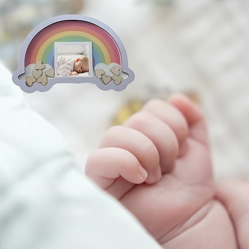 Single picture frame designed as a wooden rainbow, perfect for creative nursery wall decor. This frame is a lovely way to display newborn baby memories and photos from 0-3 years old.