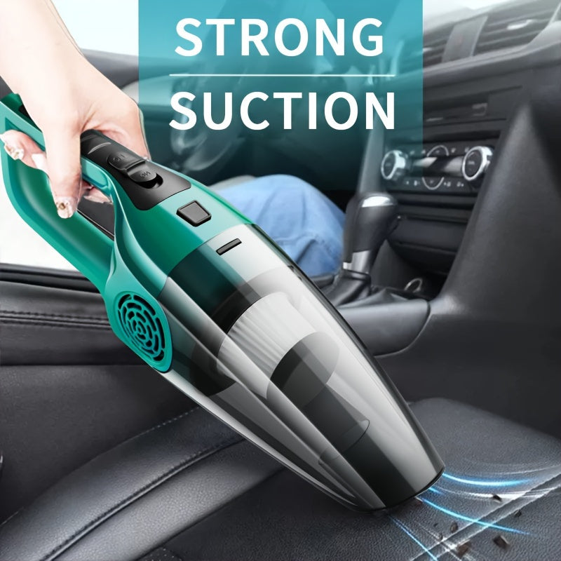 Handheld car vacuum cleaner with strong 12V suction power, portable design, crevice tool and flat nozzle for interior dust removal. Features cloth filter, 0.2-0.3L dust cup, 3-5m cord