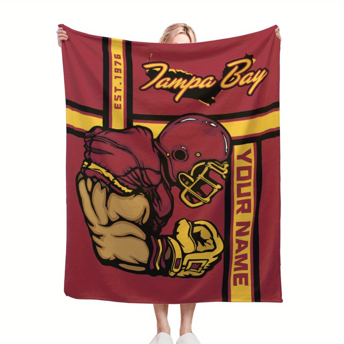 Personalized Tampa Bay Football Team Blanket, Customizable with Your Name, Cozy Knit Polyester Throw, Keeps You Warm Without Electricity, Rectangular Design, Ideal Fan Gift