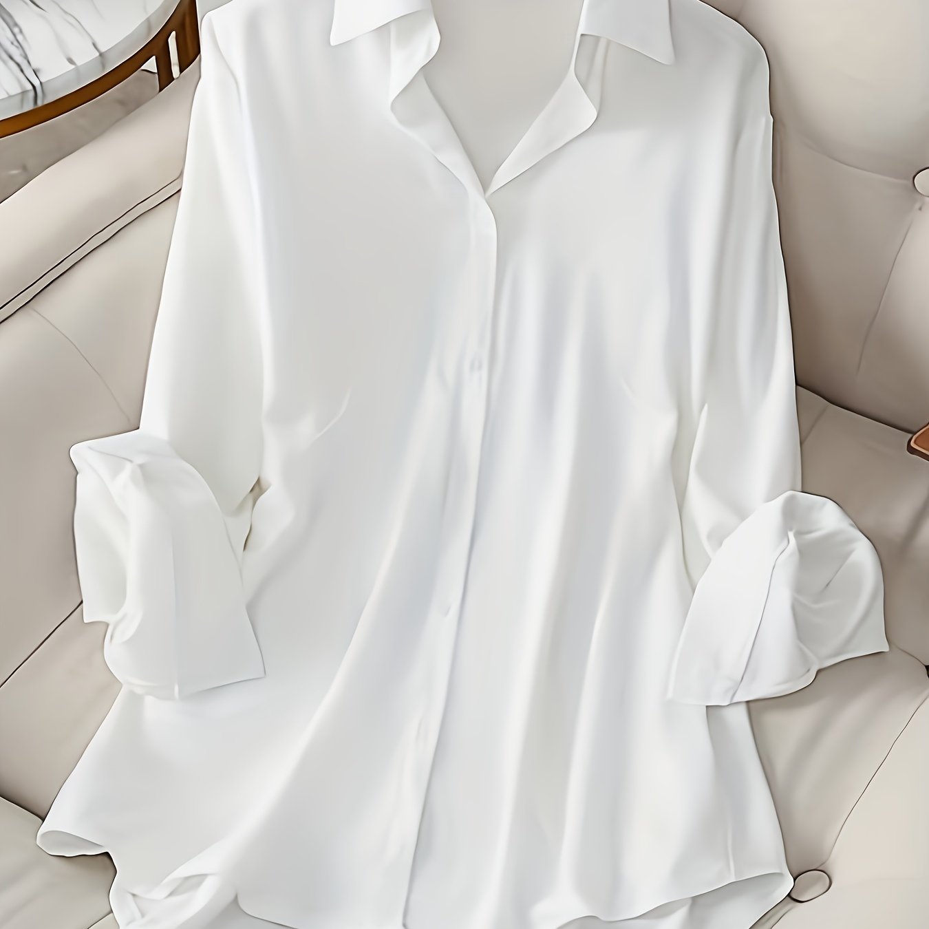 Long sleeve button front shirt in solid color for plus size women.