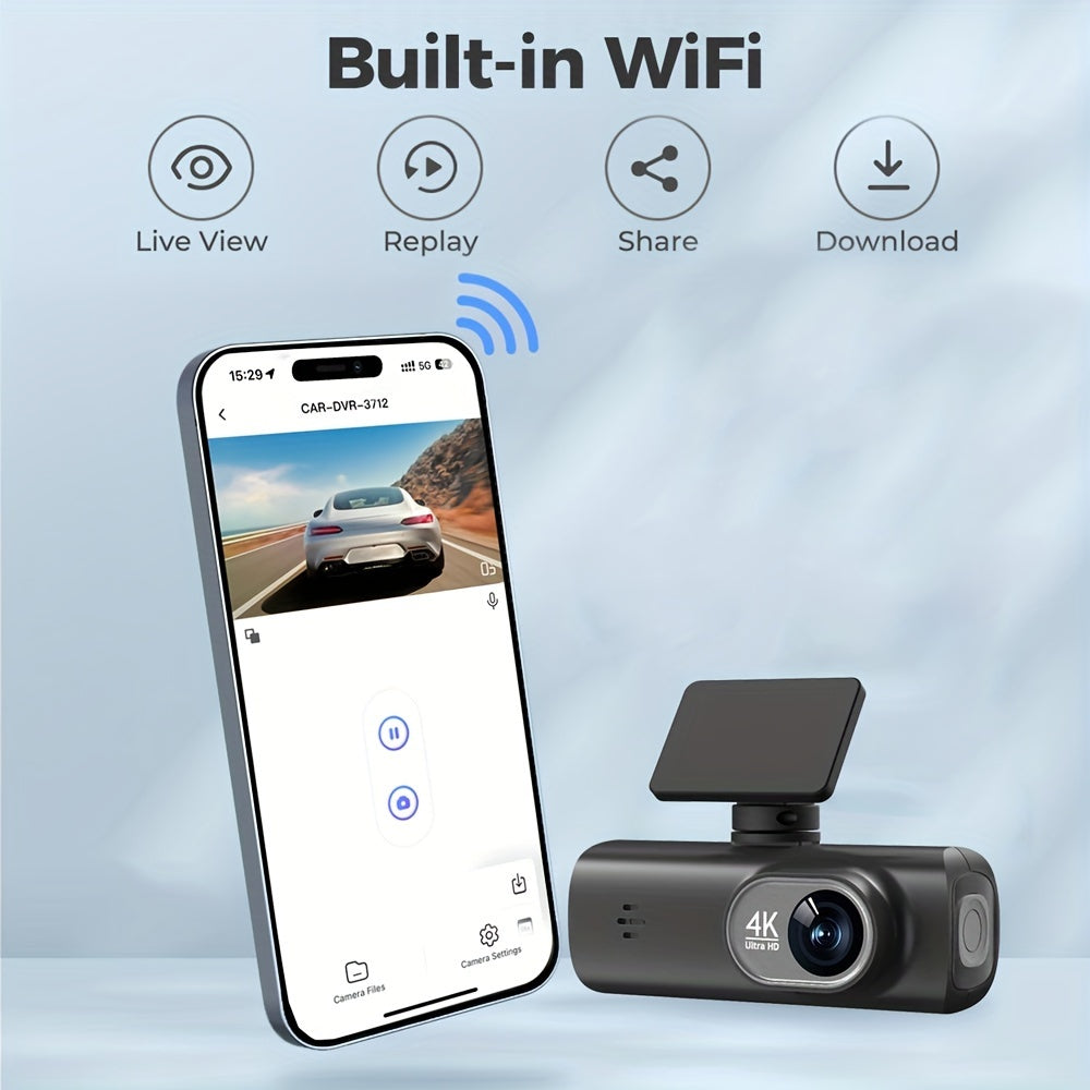 4K UHD front and 1080P rear dual dashcam with WiFi, hidden design, smart app control, super night vision, parking mode, G-sensor, loop recording, and free 32GB SD card.