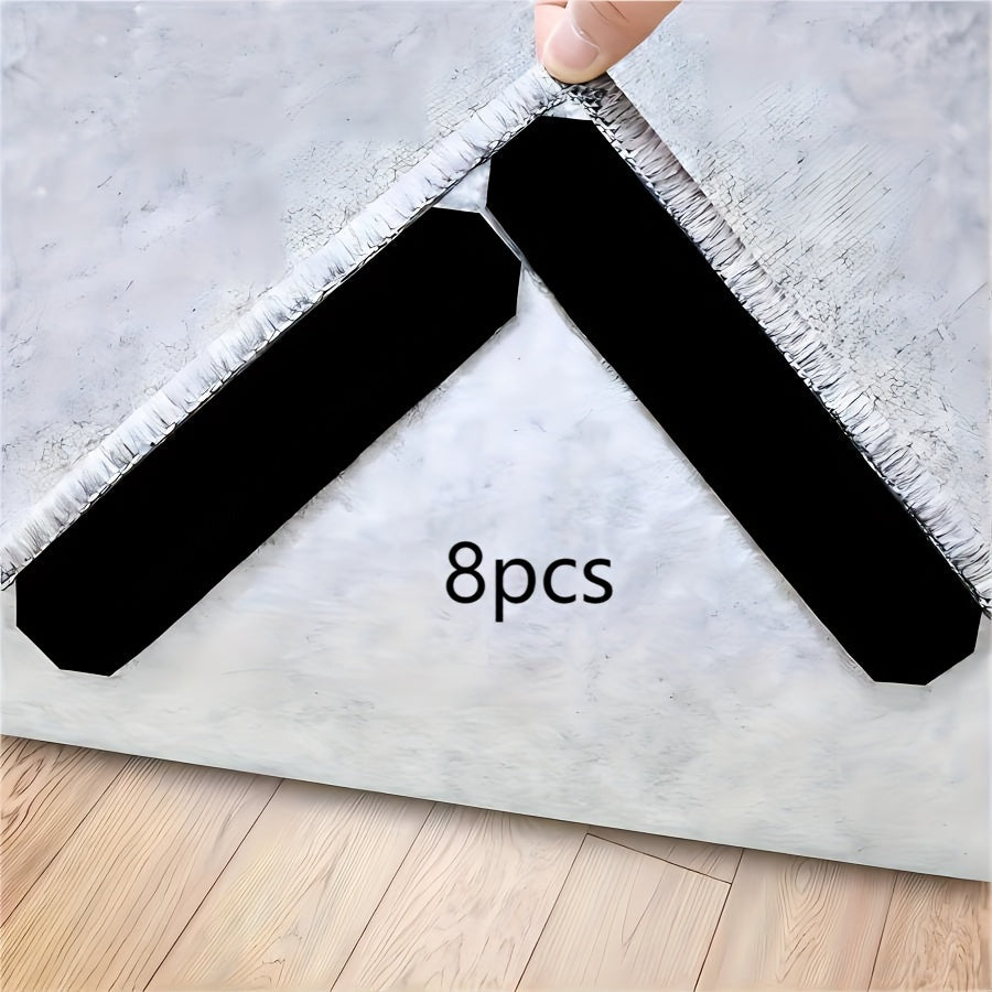 Black Reusable Double-Sided Rug Gripper Tape & Pads - Non-Slip PVC Anchors for Hardwood, Tile Floors, and Carpets - Entryway & Porch Safe - Leaves No Residue - Washable, Cut to Fit - Available in 8/16 Pack