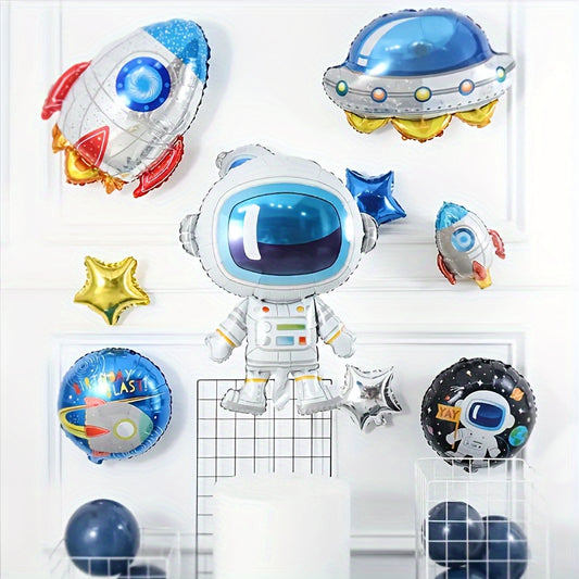 Large space balloons with astronaut, rocket, and UFO designs for birthdays and space party decorations.