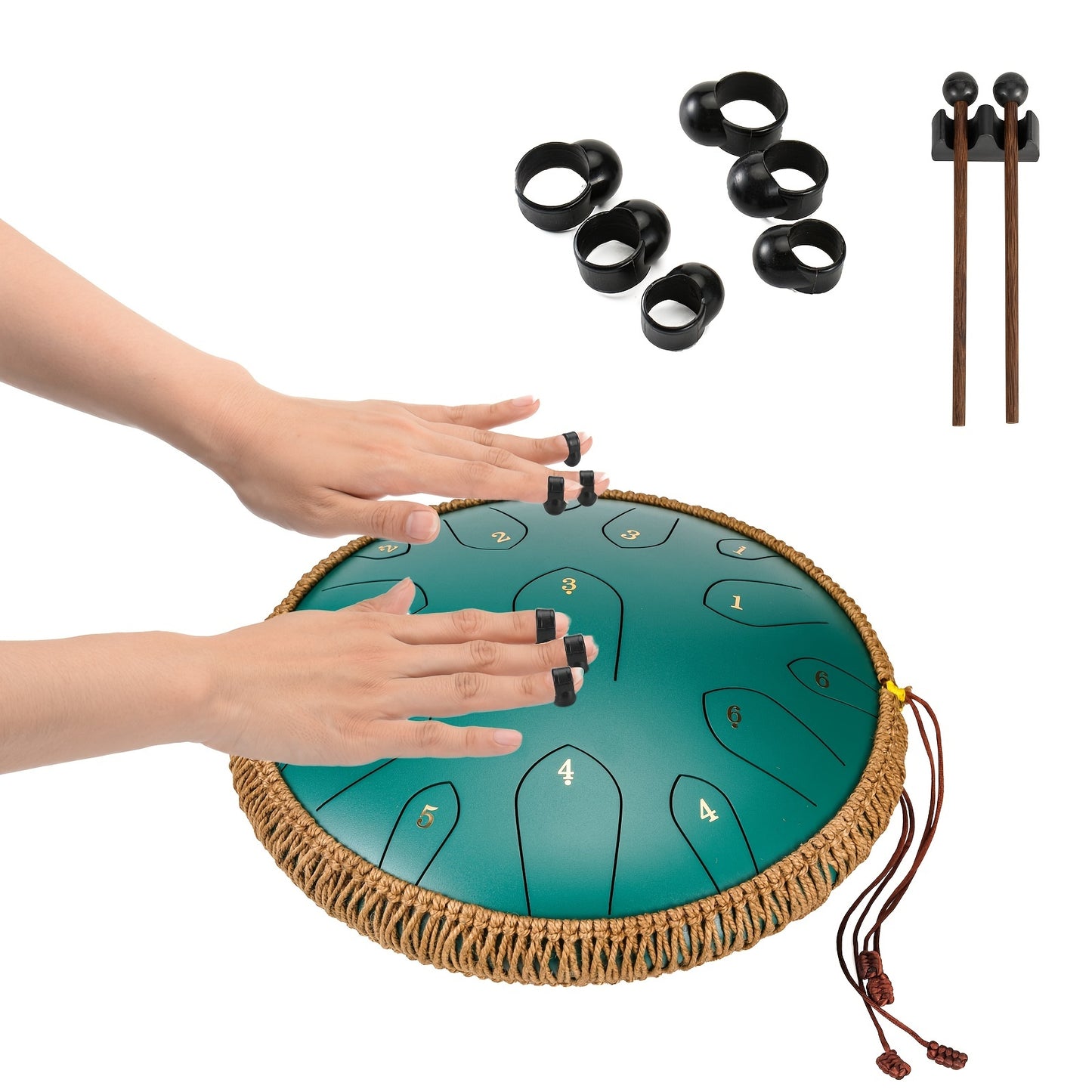 35.56 cm steel tongue drum in D key with mallets, bag, and book for music education and entertainment.