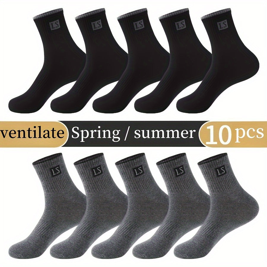 5 pairs of men's trendy solid crew socks, breathable and comfy for outdoor and all-season wear.