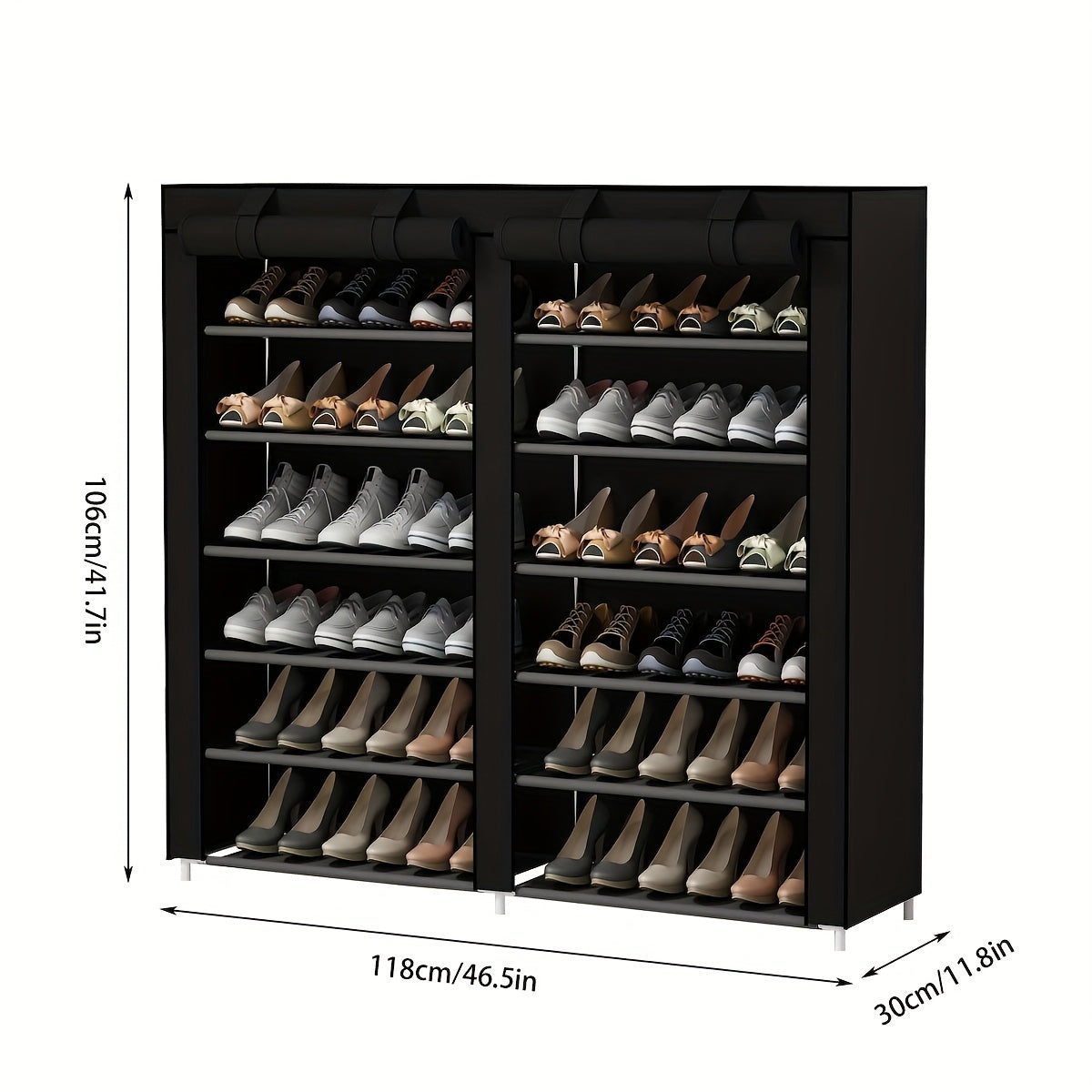 Get organized with this 12-layer shoe rack, perfect for any space in your home. Easy to assemble and free-standing, it provides ample storage for all your shoes while saving valuable space in your entryway, hallway, bedroom, or dorm room.