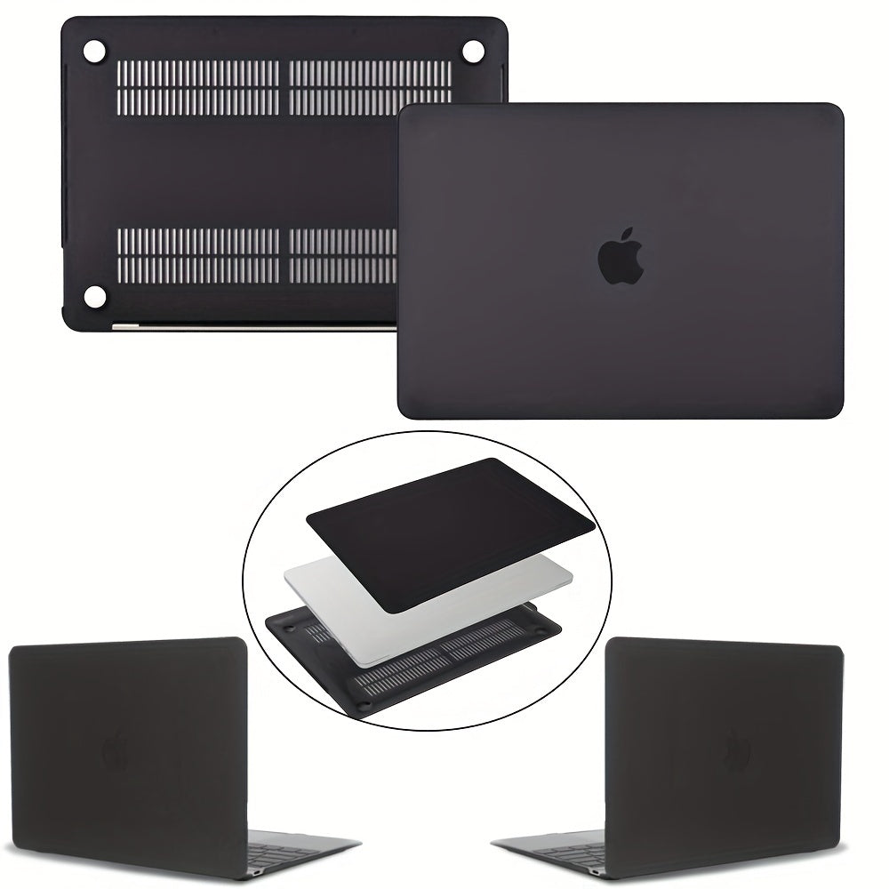 Sleek MacBook Pro & Air case in Frosted Black and Transparent, TSA-compliant design for various model sizes.