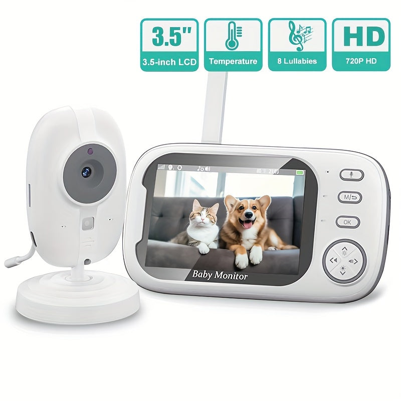 Video monitor with camera, audio, infrared night vision, temperature monitoring, lullabies, for indoor safety of elderly and pets.