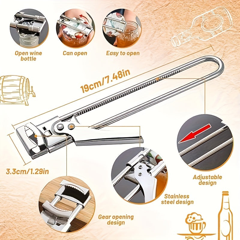 Multi-functional Stainless Steel Jar Opener - Easily Adjustable, Anti-Slip Handle for Effortless Opening of Jars & Bottles - Ideal for Outdoor Dining, Must-Have Kitchen Tool