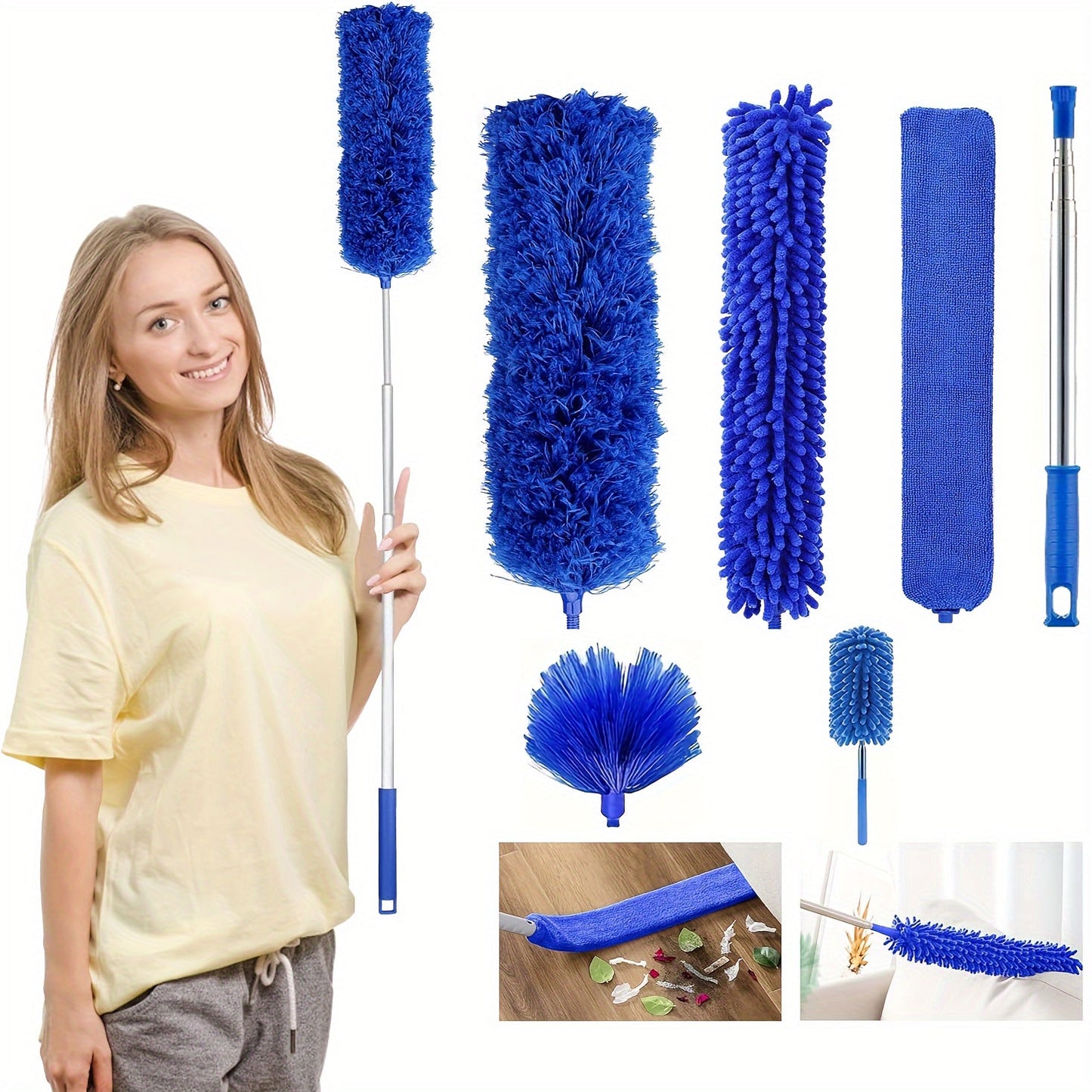 Set of 4/6 Microfiber Dusters With Extension Pole for Dust Removal. Includes Retractable Brush, Bendable Head Dusting Brush, and Reusable Ceiling Fan Duster. Perfect for High Ceilings, Furniture, Cars, and more. Washable and Ready to use as a Cleaning