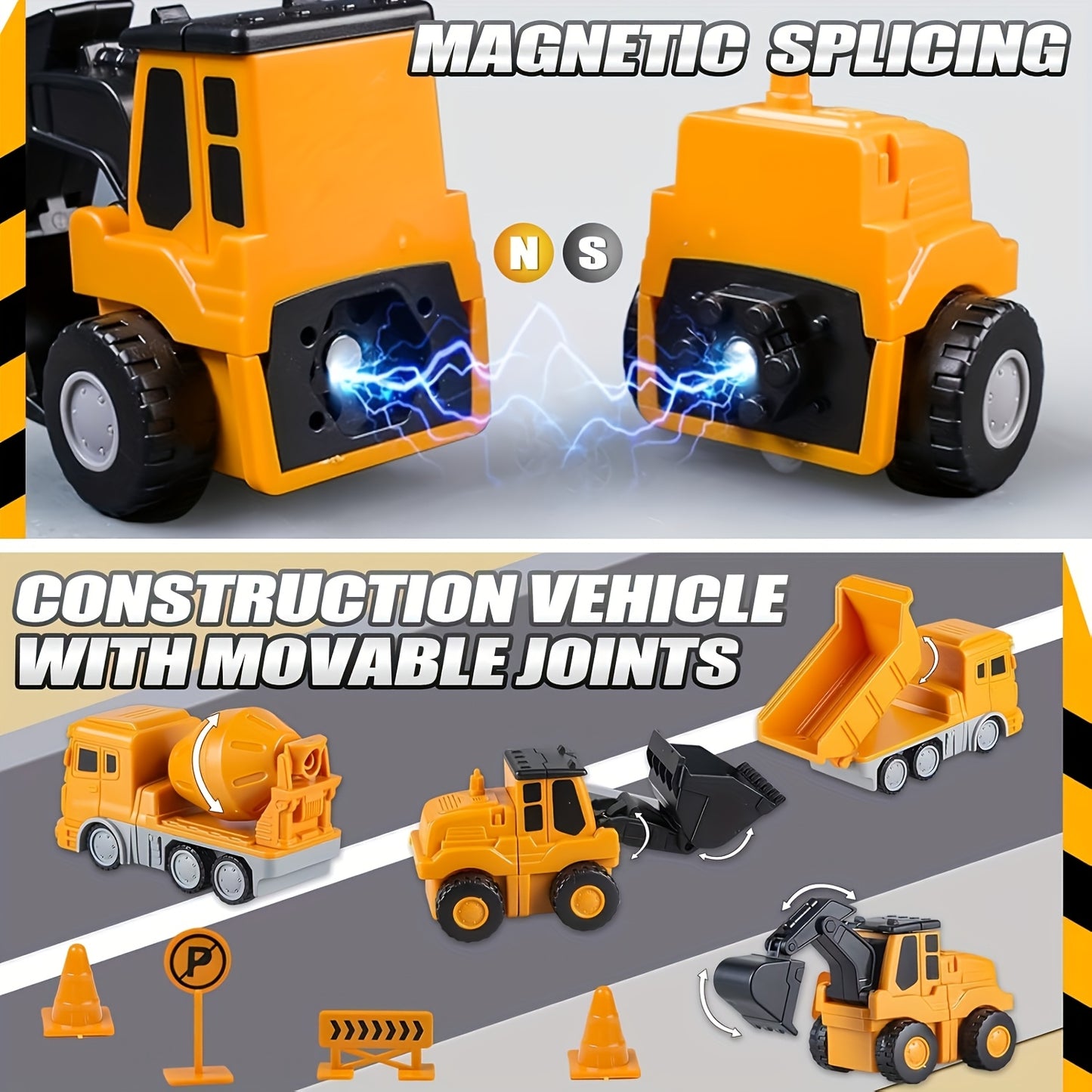 MISFANS 26/35pcs Magnetic Engineering Cars, Construction Robot Blocks, Educational Toy for Kids 3-8, Durable Plastic, Yellow