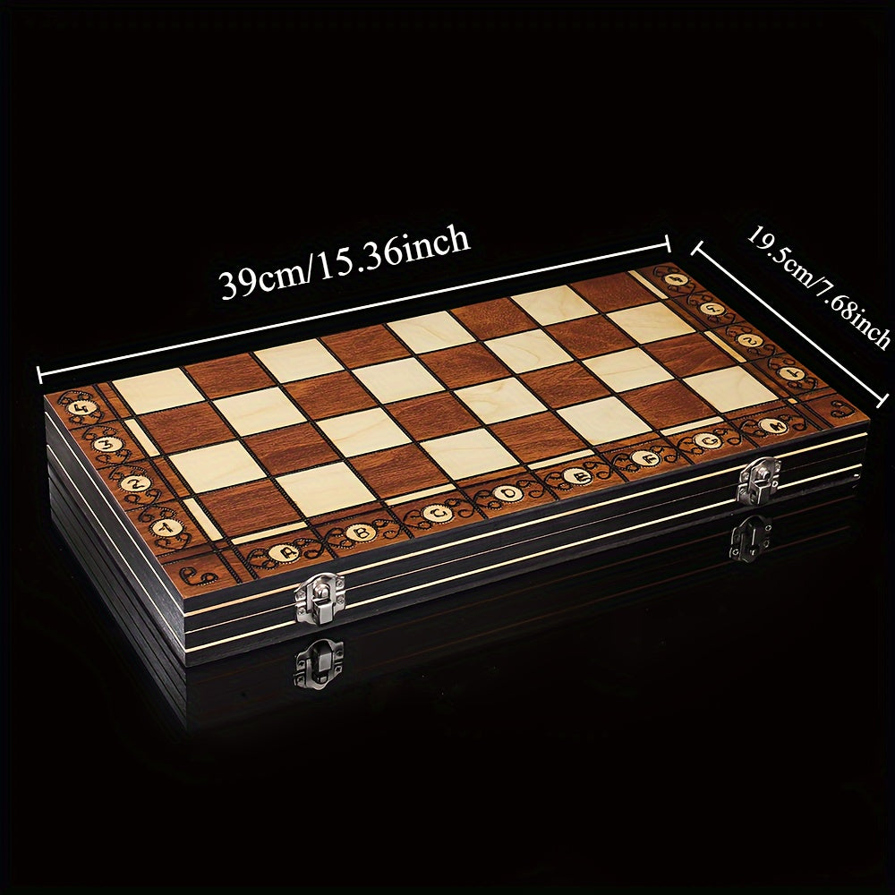 Wooden 3-in-1 board game set with chess, checkers, and backgammon. Foldable, portable, and velvety interior for slip-resistance. Durable wood fiber construction. Suitable for teens and