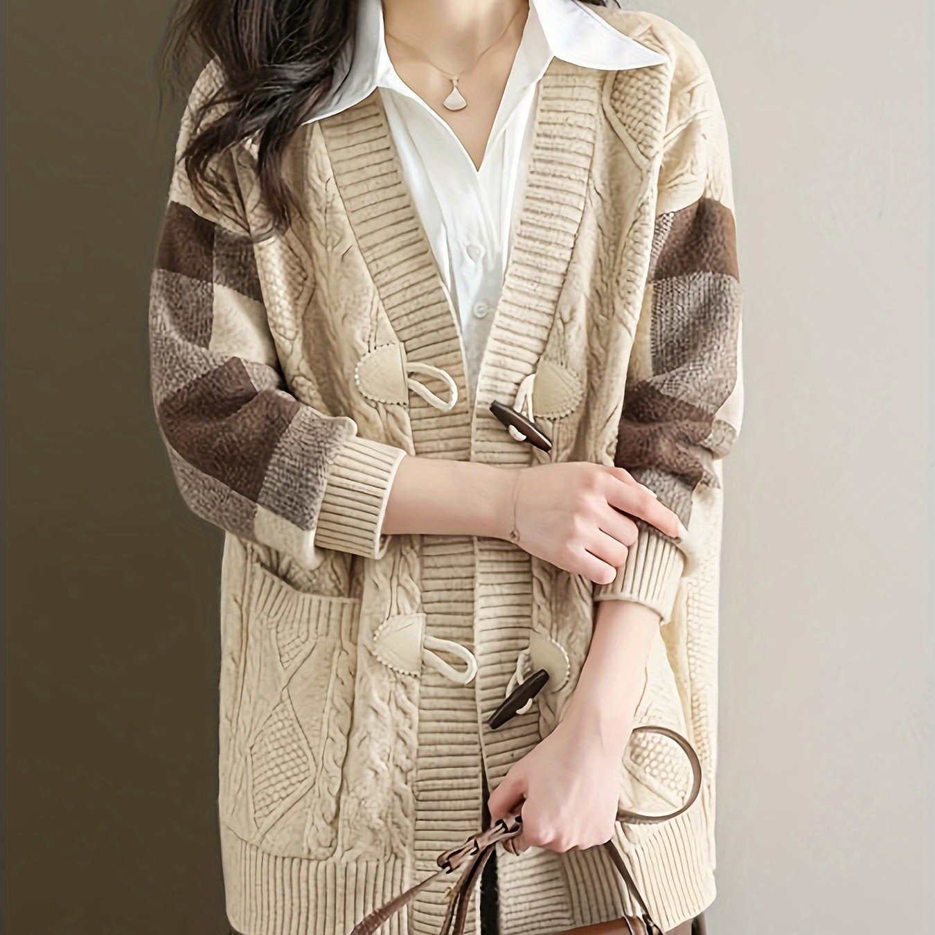 Chic striped knit cardigan for women, plus size with open front, long sleeves, and pockets. Perfect for autumn and winter.