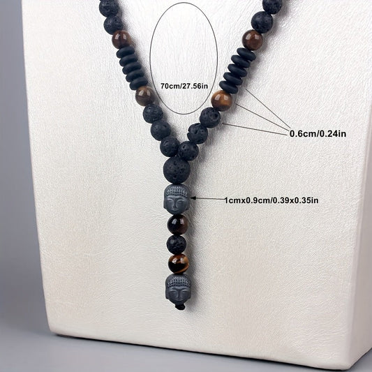 Vintage Natural Tiger Eye and Black Lava Bead Buddha Head Pendant Men Necklace - Perfect gift for Father's Day