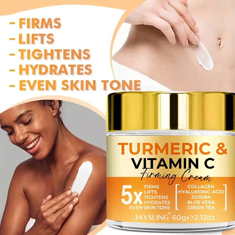 JAYSUING Turmeric & Vitamin C Firming Cream is a unisex adult moisturizer for all skin types, containing Hyaluronic Acid, Collagen, Jojoba, Vitamin E, and Retinol for hydration, firming