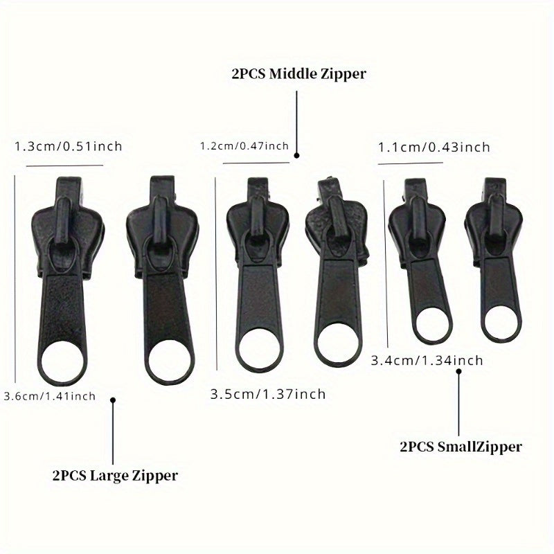 Set of 6 waterproof replacement zippers in multiple sizes with a universal design.