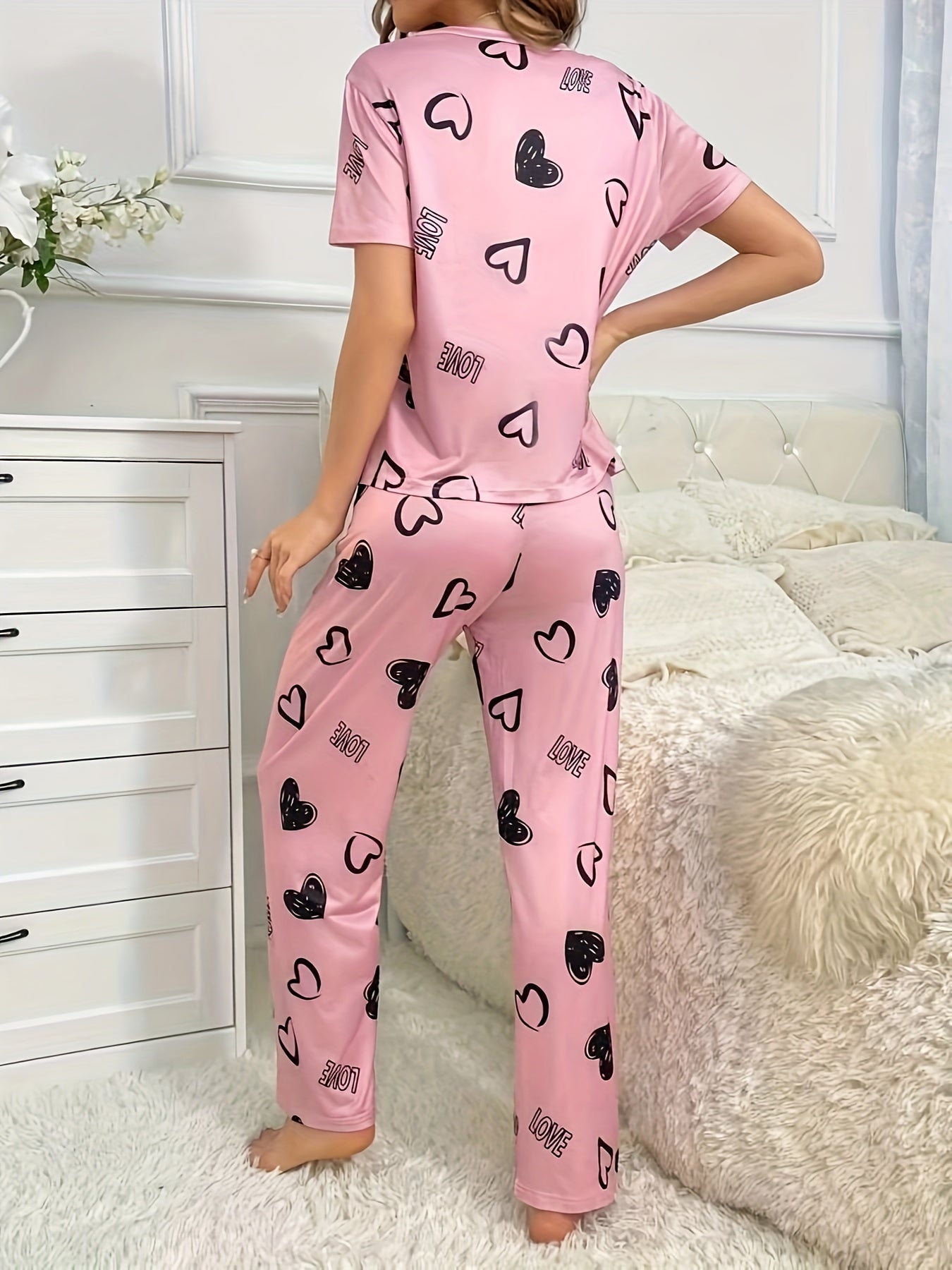 Valentine's Day Pajama Set: Heart & Letter Print, Short Sleeve Top & Elastic Pants, Women's Sleepwear & Loungewear.