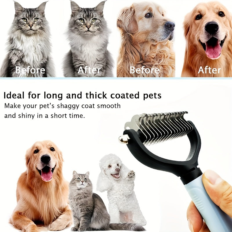 Durable stainless steel pet comb for cats and dogs, removes mats and tangles efficiently.