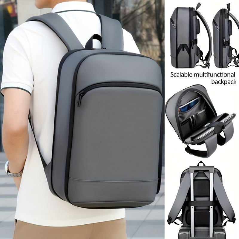 Expandable faux leather backpack with durable zipper, multi-pad laptop compartment, ideal for daily commute and outdoor business travel. Available in black, dark grey, and light grey