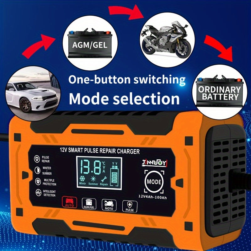 12V 6A automatic battery charger with repair function, LCD display, fast charging, suitable for electric devices and car batteries. EU plug included.