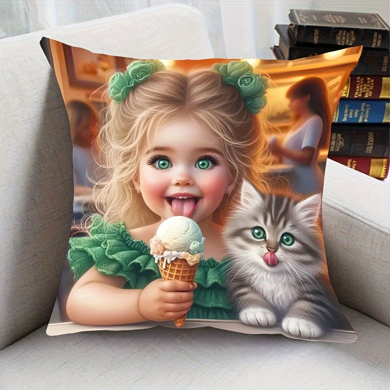 French Style Girl & Kitten Print short plush pillowcase, 44.96cm x 44.96cm, polyester knit, zippered, machine washable. Ideal for home decor.