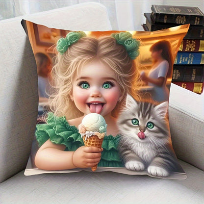 French Style Girl & Kitten Print short plush pillowcase, 44.96cm x 44.96cm, polyester knit, zippered, machine washable. Ideal for home decor.