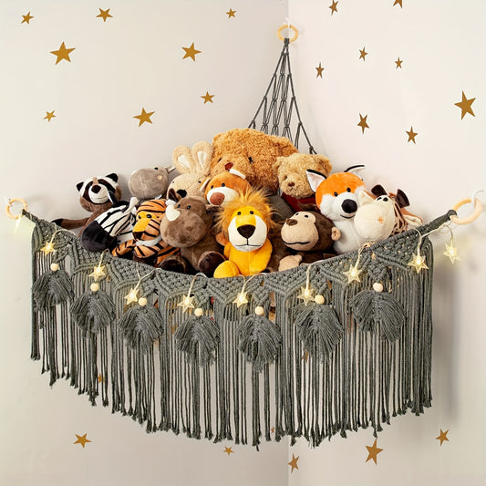 Colorful plush animal storage net for youngsters' room organization, handcrafted triangle toy hammock.