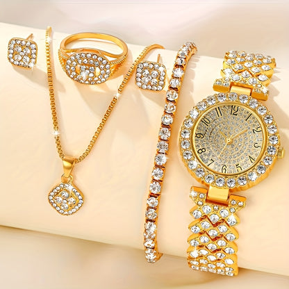 Elegant 6pcs Women's Fashion Watch Set with Quartz Movement, includes Wristwatch, Necklace, Bracelet, Ring & Earrings