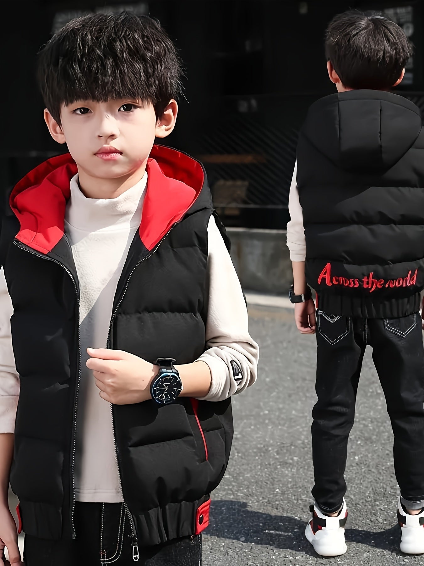 Boys' warm zip-up hooded vest with pockets, cozy color block top for fall and winter.