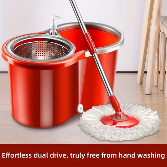 Red Household Spin Mop Set with Bucket and 3 Mop Heads - Rotating Floor Mop for Hands-free Cleaning. Suitable for Home, Kitchen, Bathroom Floors. Includes Dust Removal and Wet/Dry Mop Heads. Essential Cleaning Tool.