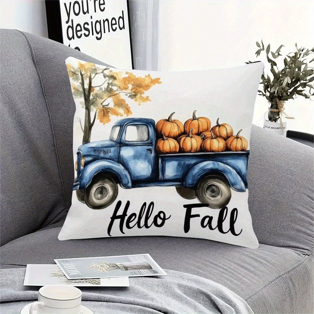 Modern Flannel Pillow Cover, 45.72X45.72 cm, Blue Truck and Pumpkin Design, Zipper Closure, Machine Washable, All-Season Comfort for Back Sleepers - Decorative Cushion Case for Home, Bedroom, Camping (1pc, Insert Not Included)