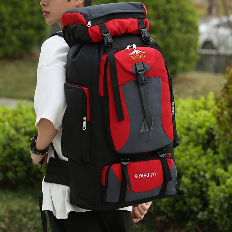 Durable nylon travel backpack for camping and hiking purposes.