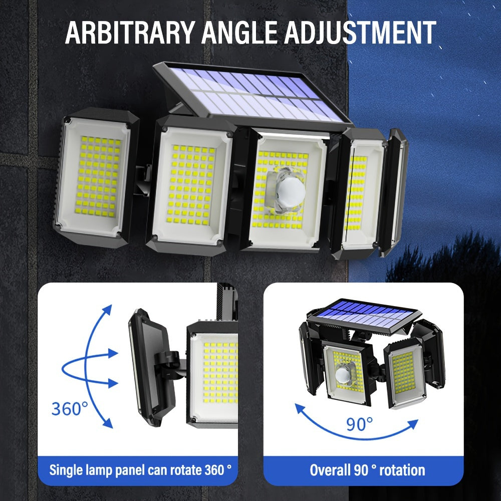 Solar Outdoor Security Light with Motion Sensor and 300 LED Flood Lights, 3 Modes, Foldable, Remote Control, Detachable Sconce, Plastic Shade, Solar Powered with Lithium Battery. Ideal for