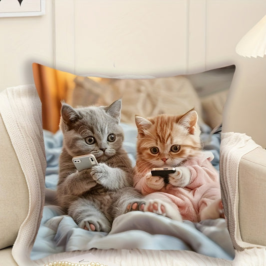 Adorable kitten print pillowcase - French style, 44.96cm x 44.96cm, machine washable, zippered closure, 100% polyester. Ideal for living room and bedroom decor (pillow insert not included).