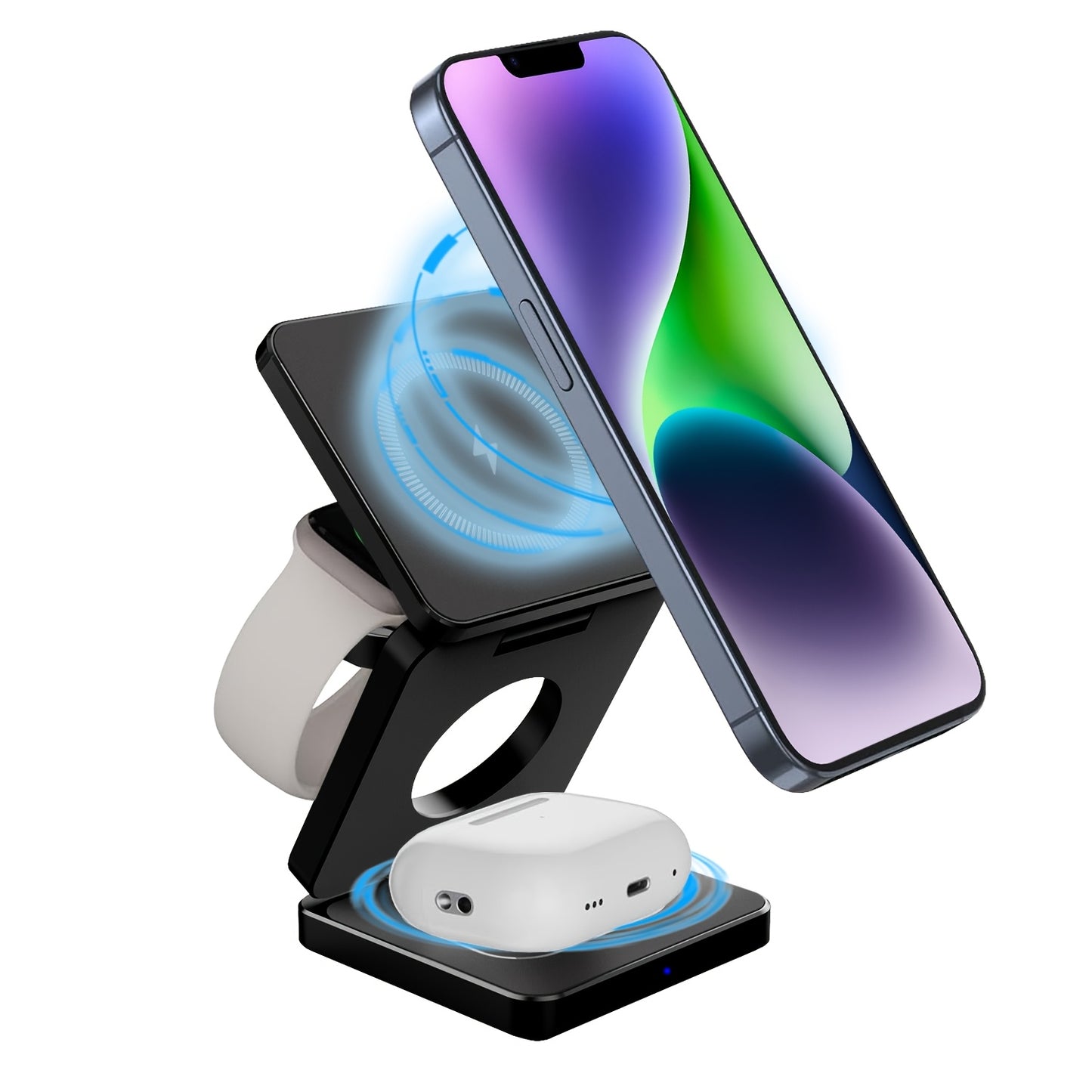 3-in-1 fast wireless charger for iPhone 15 14 13 Pro Plus Pro Max, with magnetic foldable design. Includes 5W portable charger for Apple Watch 9 8 7 6 5 and Airpods.