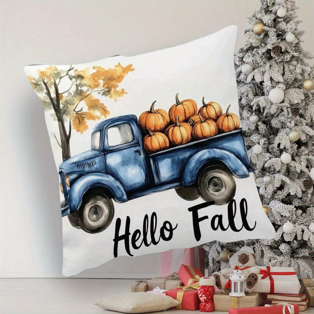 Modern Flannel Pillow Cover, 45.72X45.72 cm, Blue Truck and Pumpkin Design, Zipper Closure, Machine Washable, All-Season Comfort for Back Sleepers - Decorative Cushion Case for Home, Bedroom, Camping (1pc, Insert Not Included)