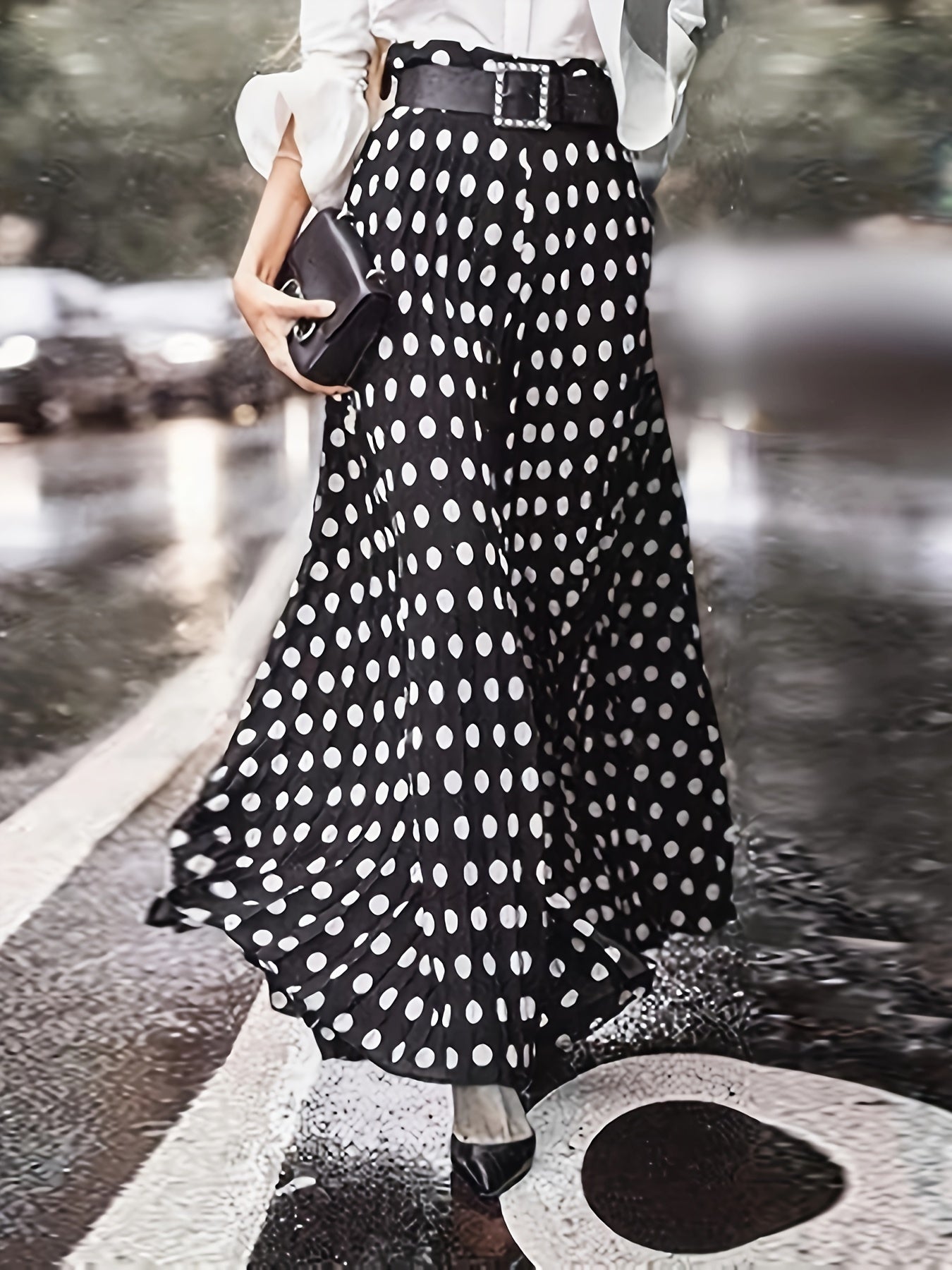 Elegant polka dot wide-leg pants for women made of non-stretch polyester with belt detail, machine washable.