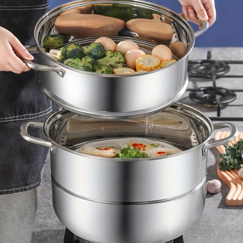 Large capacity 3-tier steamer made of durable 304 stainless steel. Features multi-level steaming baskets for vegetables, dumplings, and seafood. Compatible with induction and gas stoves.