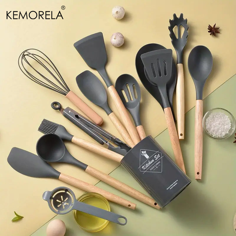 KEMORELA 14-Piece Silicone Kitchen Utensil Set with Wooden Handles and Storage Bucket - Non-Stick, Food-Safe Cooking Tools Ideal for Apartments and Dorms, by KEMORELA