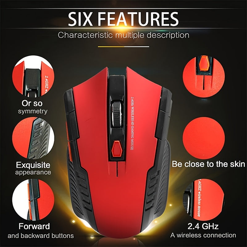 2.4G Wireless Gaming Mouse with ergonomic design, comfort grip, 10m range, adjustable DPI, stylish appearance, suitable for desktop and laptop use, made of plastic material.