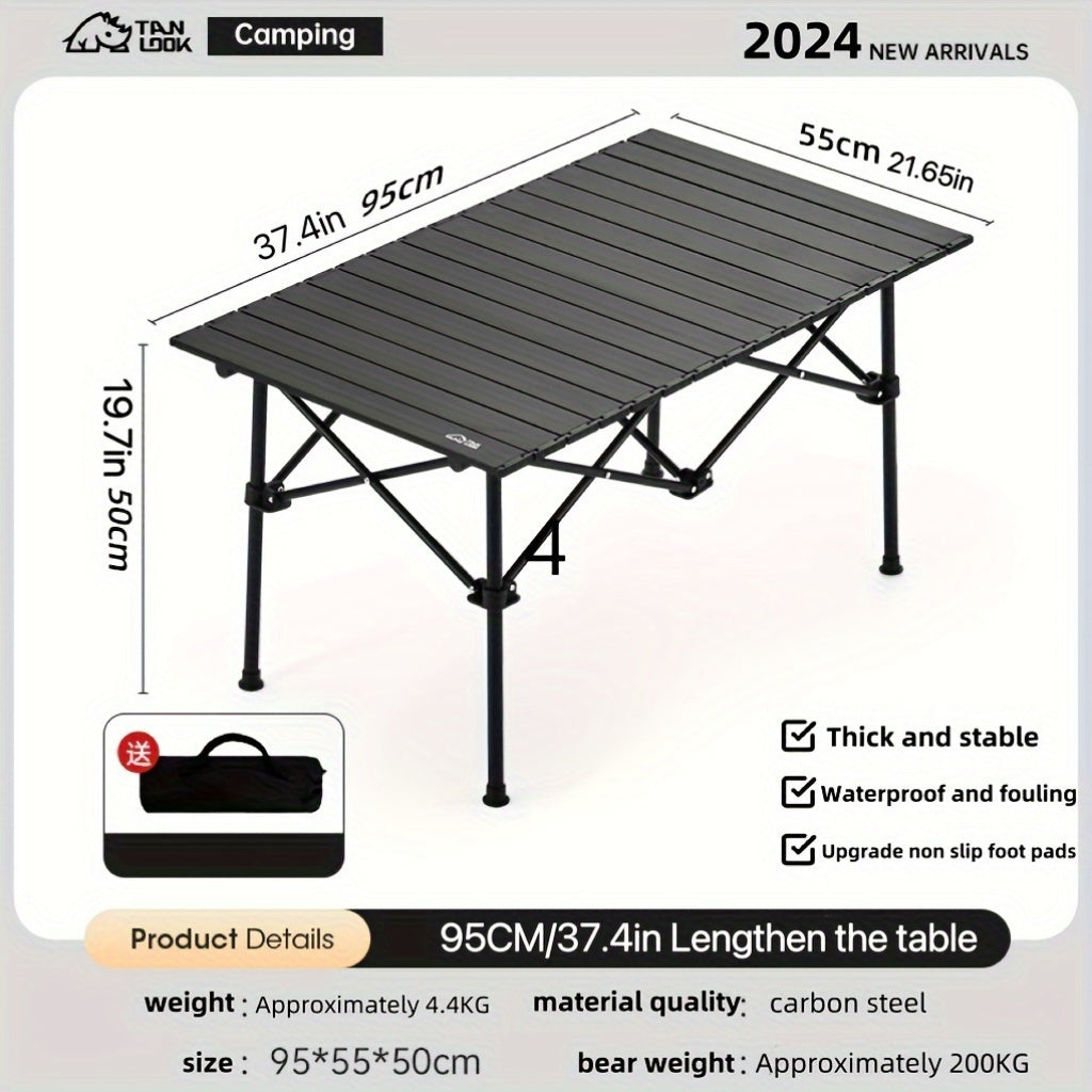 Compact and easy-to-carry portable stainless steel folding table for camping, barbecuing, and outdoor picnics.