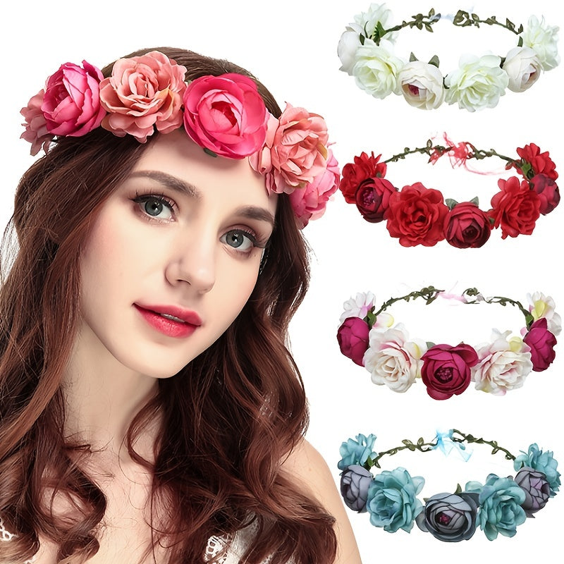 Rose Hairpin Holiday Wreath Hair Band with Simulation Flowers, Headpiece Flower Crown Headband, Floral Wedding Bridal Hair Hoop